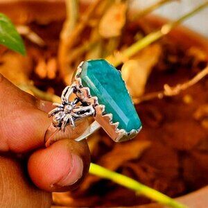 Natural Emerald‎ Gemstone Sterling Silver Coffin Ring Size7